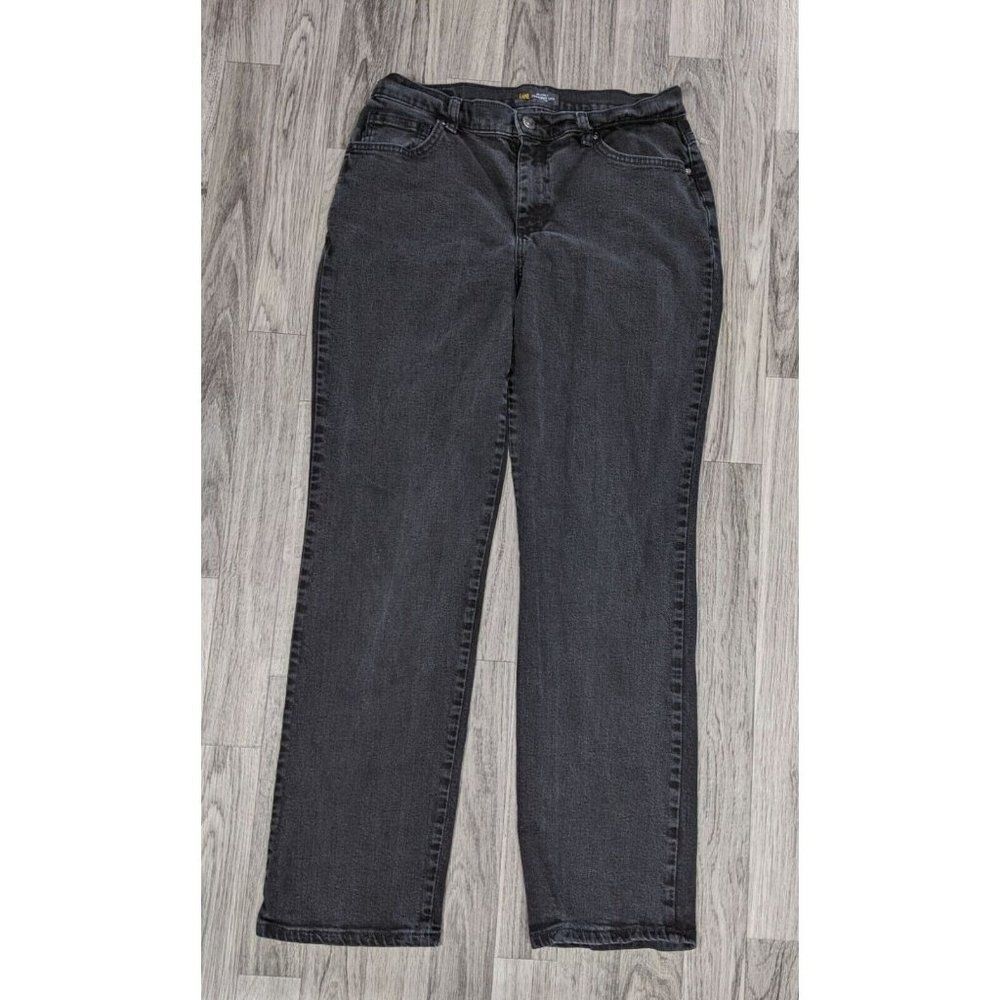 (3/$35) Lee Womens Relaxed Straight Mid Rise Embroidered Black Grey Jeans